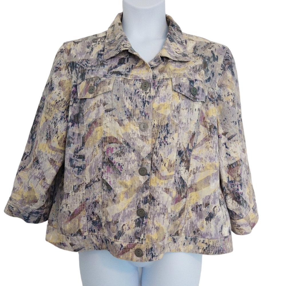 Chico's Linen Blend Multicolor Abstract 3/4 Sleeve Jacket Pockets Modern